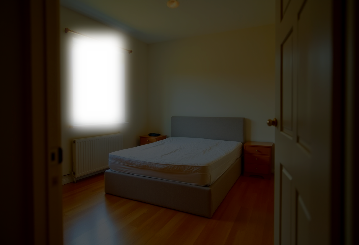A bedroom photographed straight into a bright window, the room in silhouette