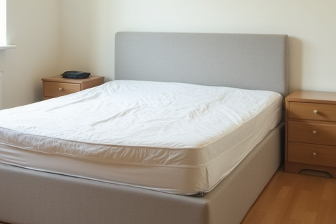 A tight crop of the corner of a bed, filling the frame with no room visible