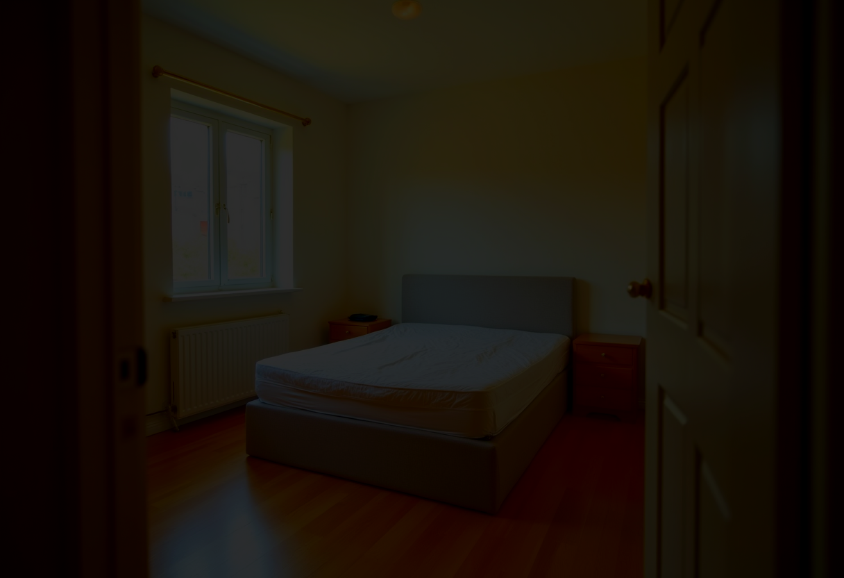 A dim, underexposed bedroom photo with shadows hiding the floor and corners