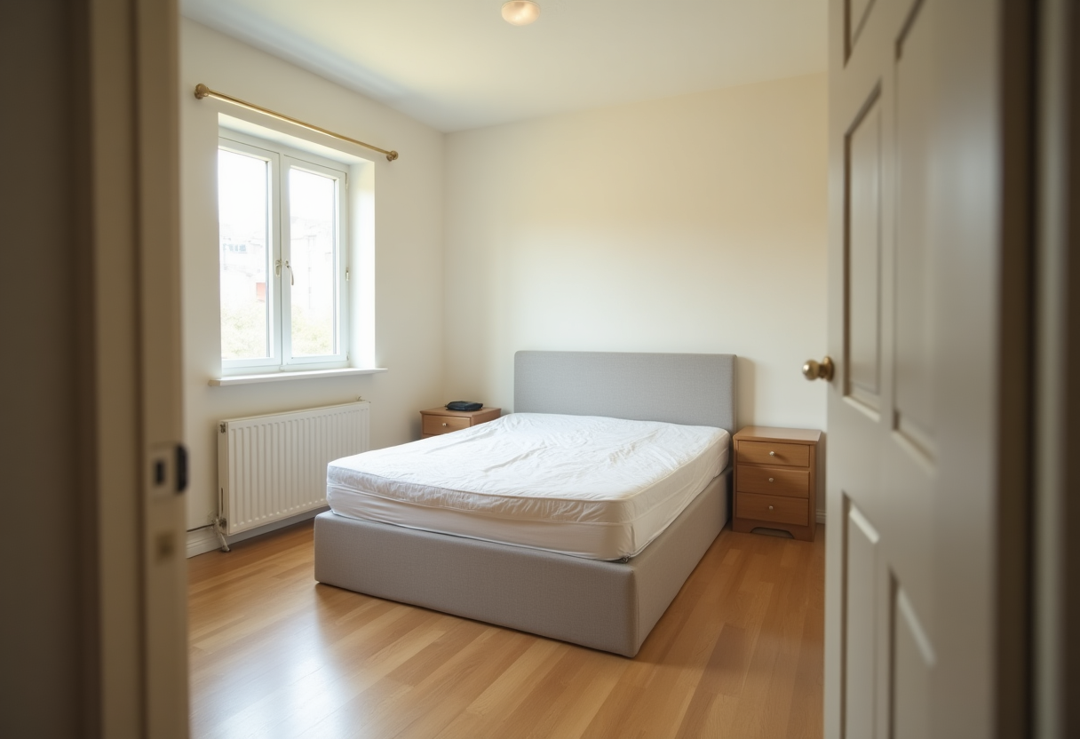 A bedroom photographed from the doorway in landscape, level and evenly lit, showing the bed, floor and two walls
