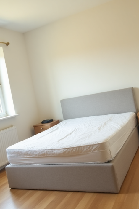 A bedroom photographed in portrait from low down, tilted up at the ceiling
